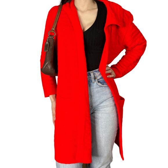 Vintage 70s Red Open Front Longline Cardigan Sweater Pockets Milrank - Picture 2 of 9
